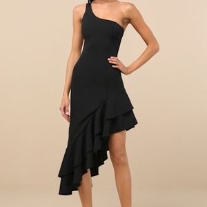 Lulus Steal A Glance Black One-shoulder Asymmetrical Midi Dress - Size L